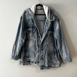 We The Free Blue Denim Jacket with Gray Hood